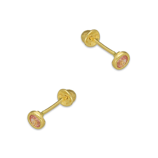 MR14AB002 Arete Broquel Oro Sólido 14K Modelo Zirconia Rosa Redonda con Bisel Diamantado 3 mm de Diámetro