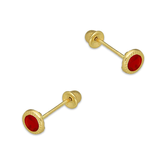 MR14AB003 Arete Broquel Oro Sólido 14K Modelo Zirconia Roja Redonda con Bisel Diamantado 4 mm de Diámetro