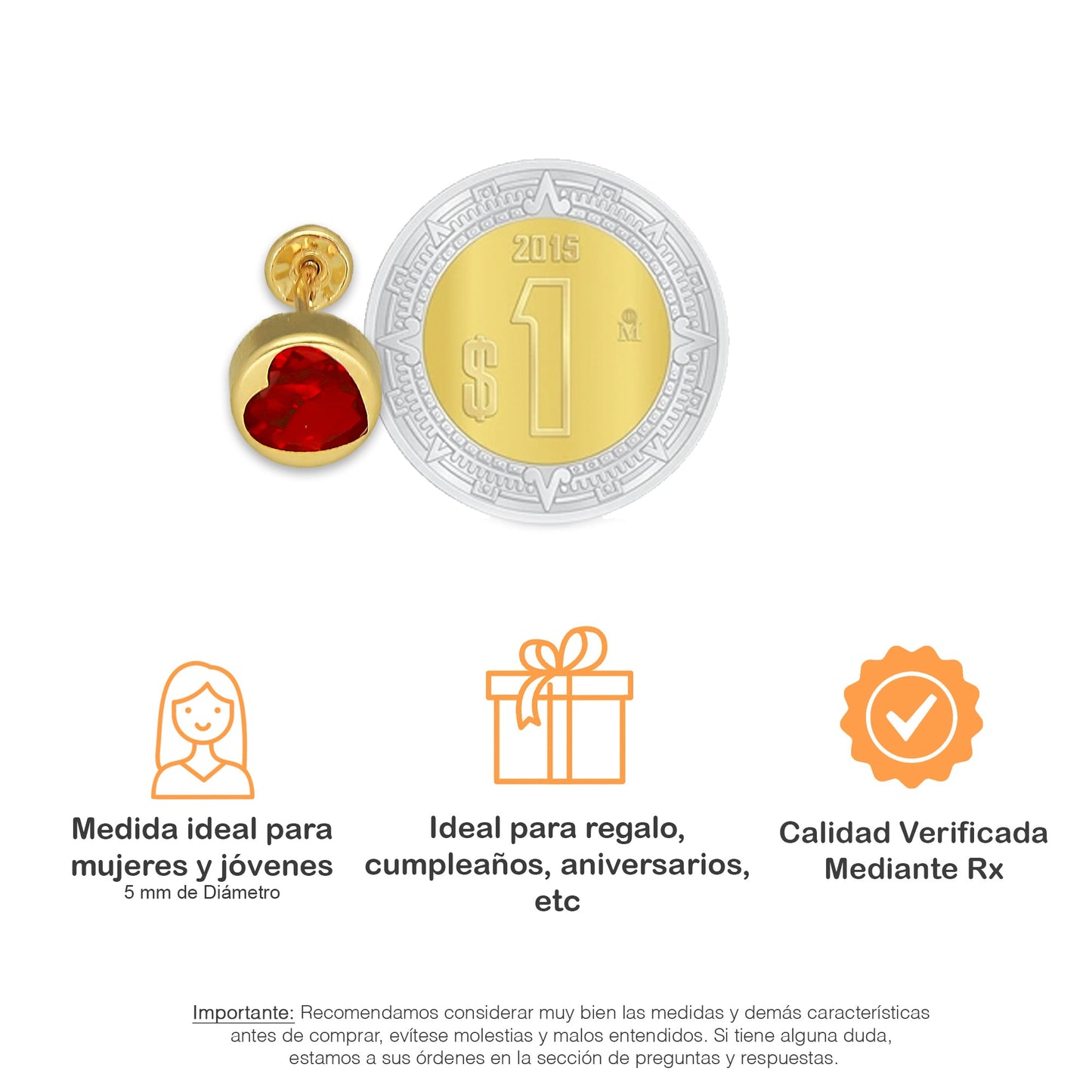 MR14AB005 Arete Broquel Oro Sólido 14K Modelo Corazón Calado con Zirconia 5 mm de Diámetro