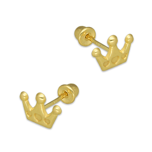 MR14AB006 Arete Broquel Oro Sólido 14K Modelo Corona 3 Puntas 7 mm de Diámetro