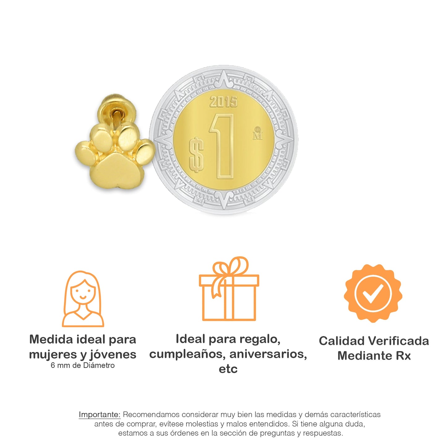 MR14AB007 Arete Broquel Oro Sólido 14K Modelo Huellitas 6 mm de Diámetro