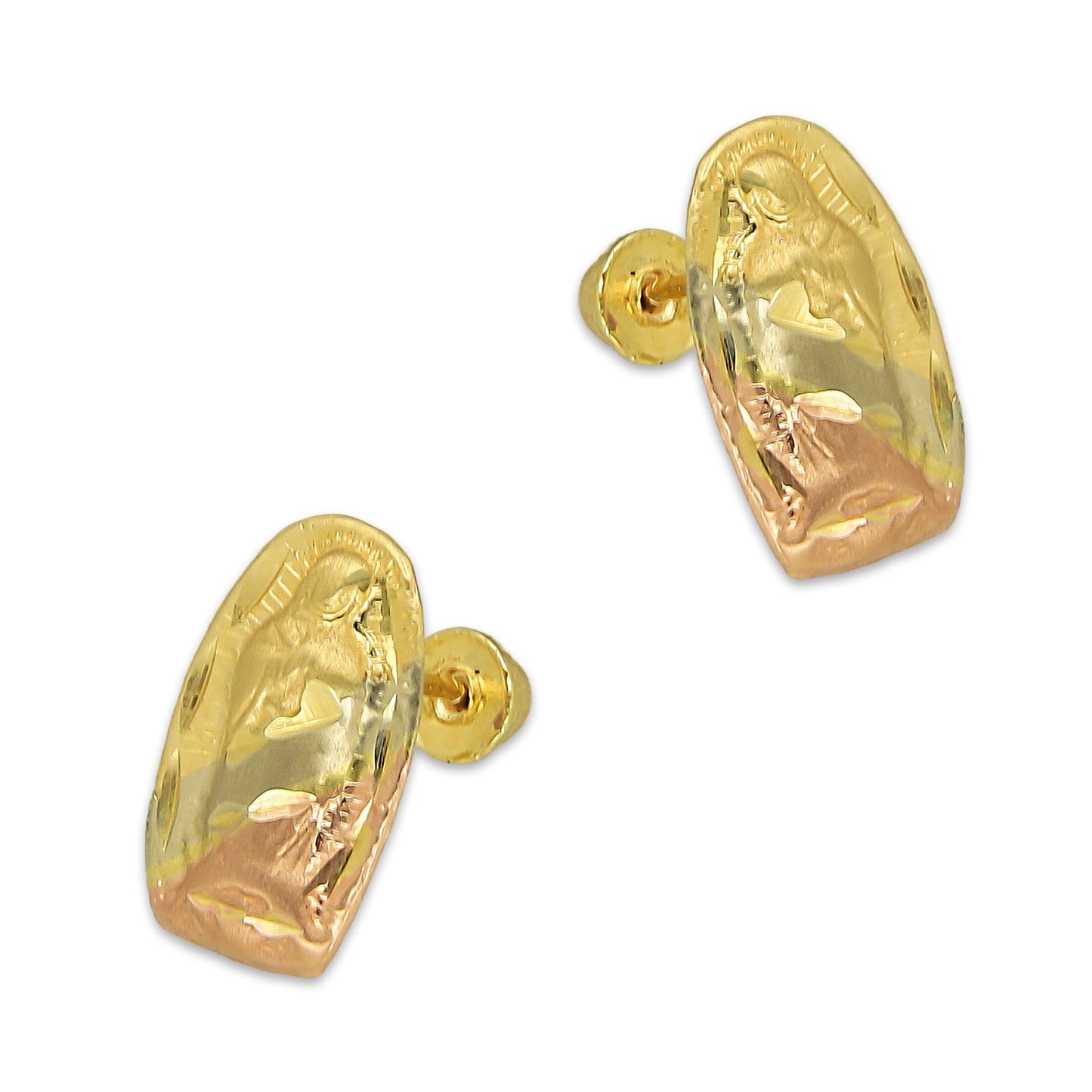 MR14AB009 Arete Broquel Oro Sólido 14K Modelo Virgen Florentino Troquelado 10 mm de Diámetro