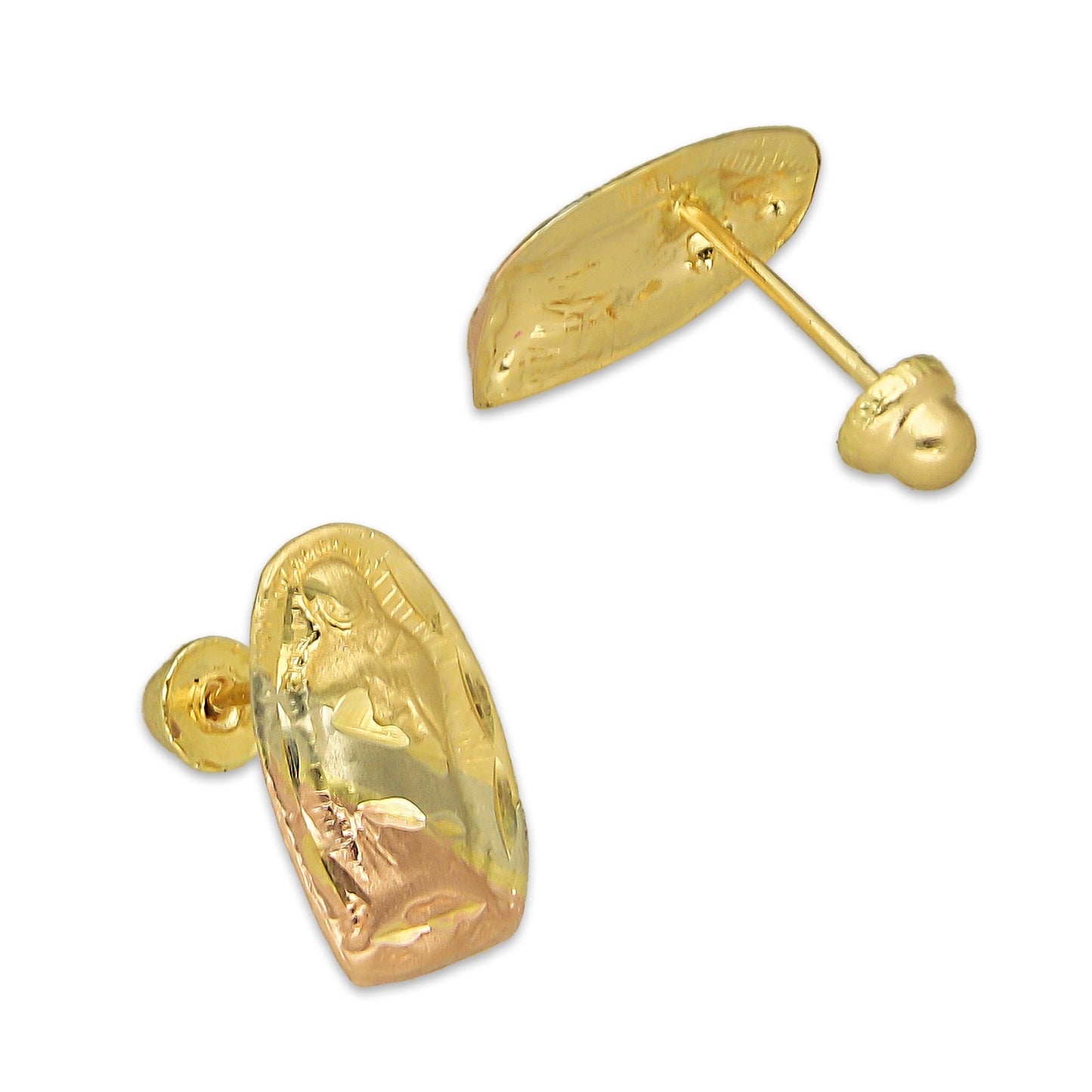 MR14AB009 Arete Broquel Oro Sólido 14K Modelo Virgen Florentino Troquelado 10 mm de Diámetro