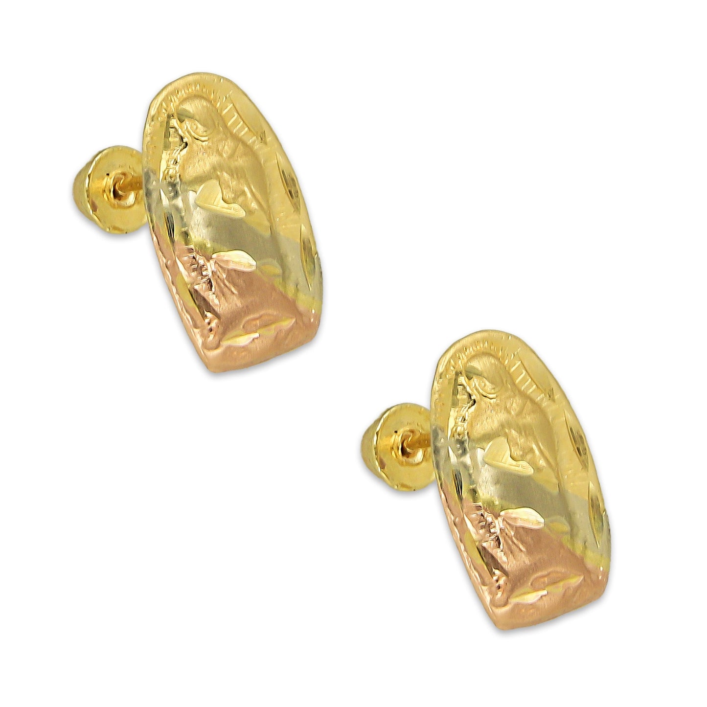 MR14AB009 Arete Broquel Oro Sólido 14K Modelo Virgen Florentino Troquelado 10 mm de Diámetro