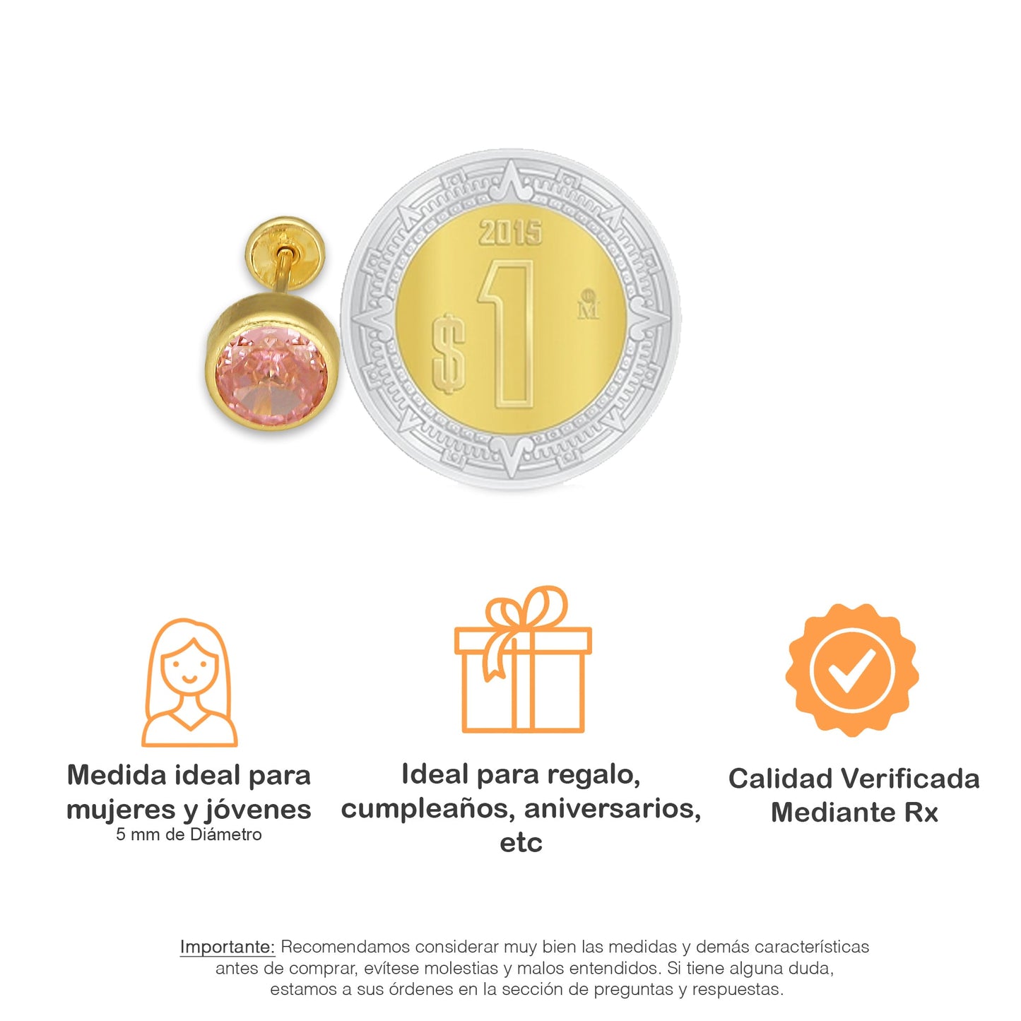 MR14AB012 Arete Broquel Oro Sólido 14K Modelo Zirconia Rosa Redonda con Bisel Liso 5 mm de Diámetro