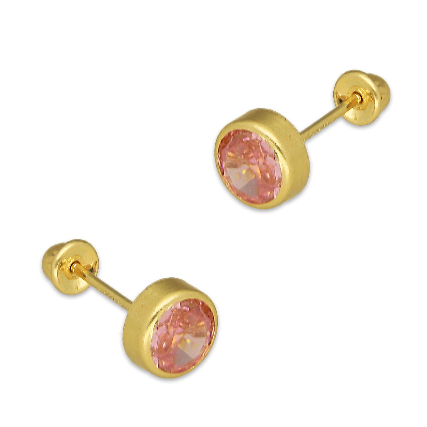 MR14AB012 Arete Broquel Oro Sólido 14K Modelo Zirconia Rosa Redonda con Bisel Liso 5 mm de Diámetro