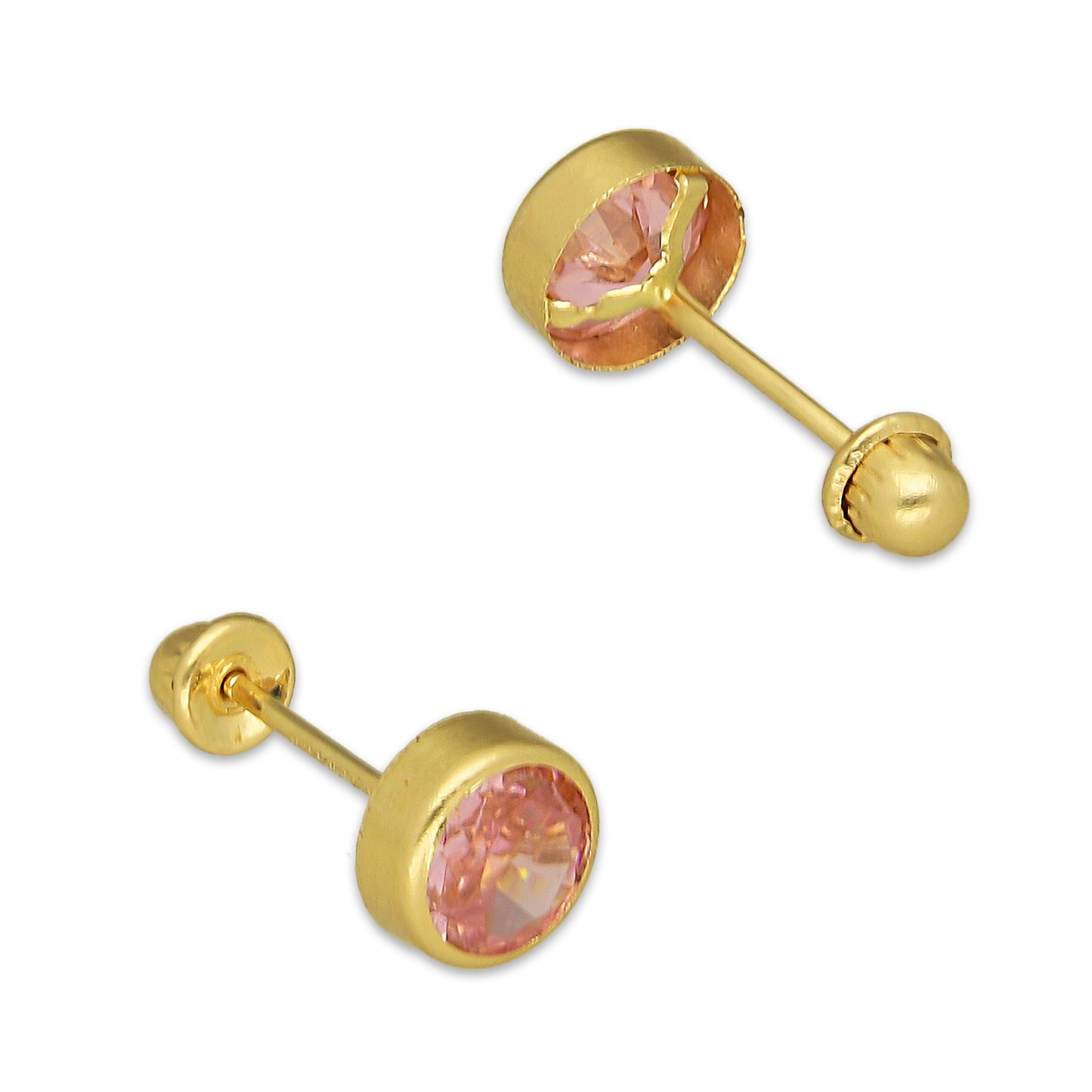 MR14AB012 Arete Broquel Oro Sólido 14K Modelo Zirconia Rosa Redonda con Bisel Liso 5 mm de Diámetro