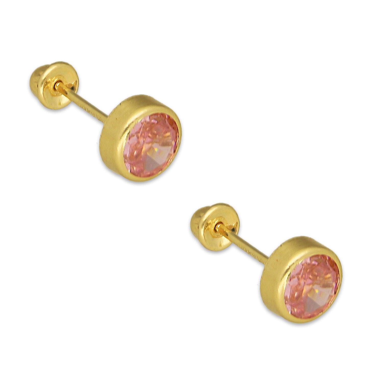 MR14AB012 Arete Broquel Oro Sólido 14K Modelo Zirconia Rosa Redonda con Bisel Liso 5 mm de Diámetro