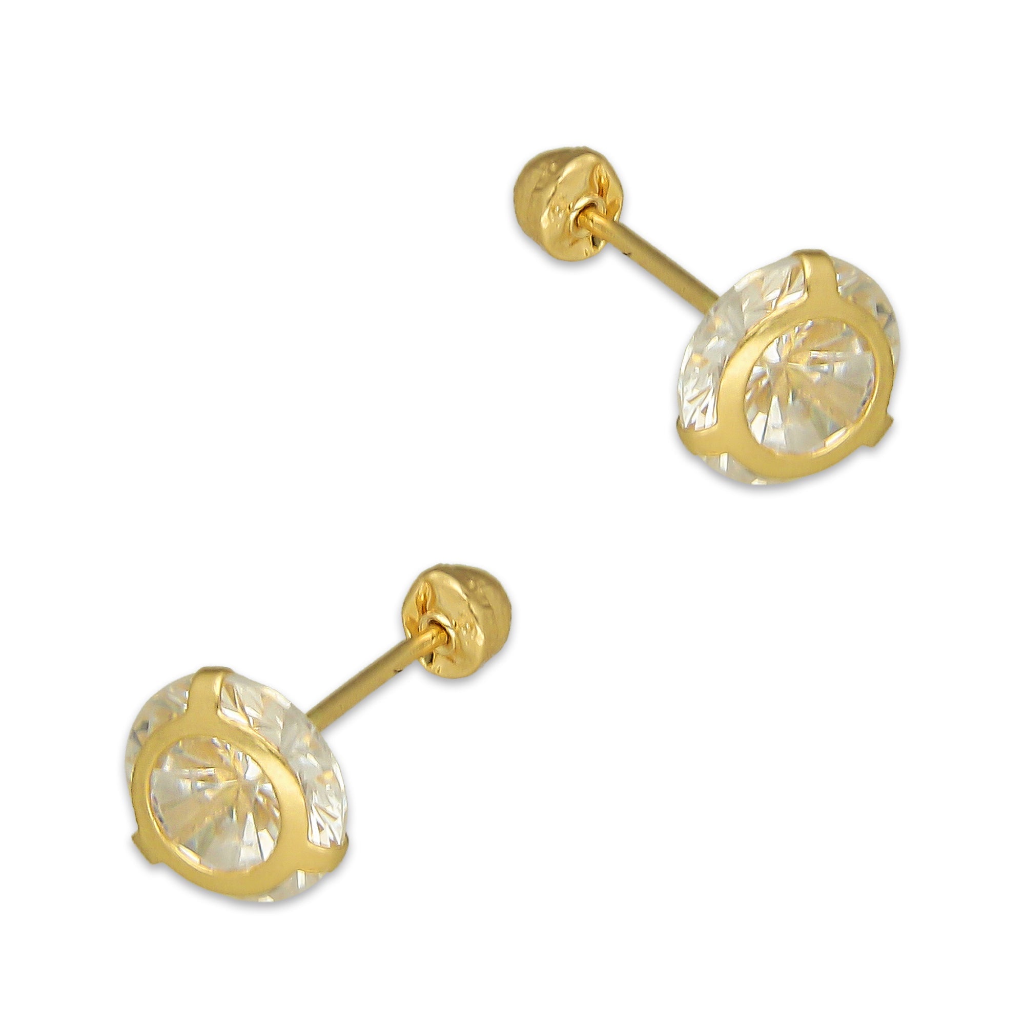MR14AB013 Arete Broquel Oro Sólido 14K Modelo Zirconia Redonda con Base Lisa 6 mm de Diámetro