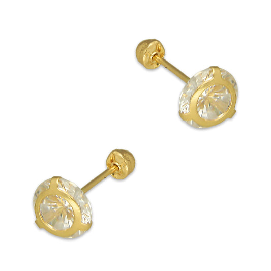 MR14AB013 Arete Broquel Oro Sólido 14K Modelo Zirconia Redonda con Base Lisa 6 mm de Diámetro