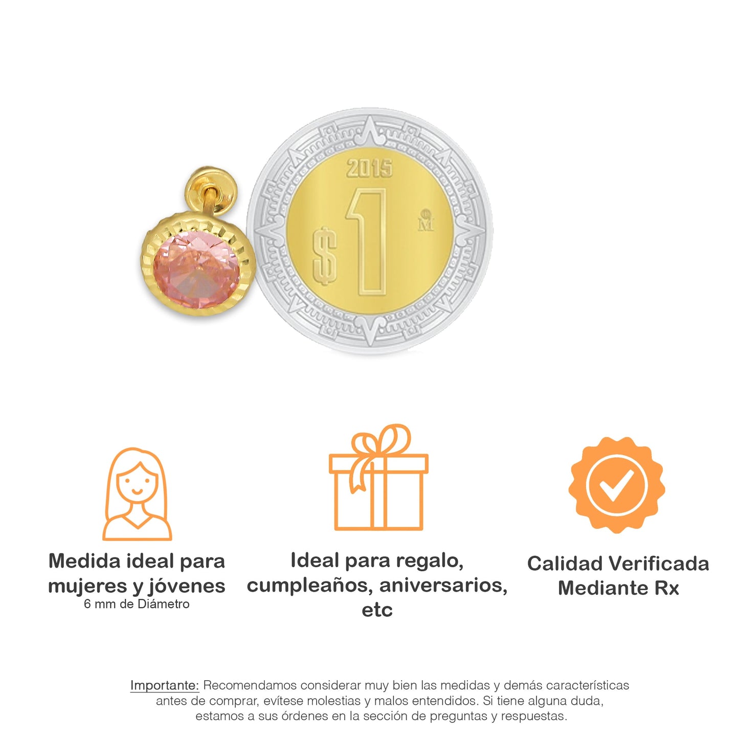 MR14AB014 Arete Broquel Oro Sólido 14K Modelo Zirconia Rosa Redonda con Bisel Diamantado 6 mm de Diámetro