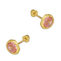MR14AB014 Arete Broquel Oro Sólido 14K Modelo Zirconia Rosa Redonda con Bisel Diamantado 6 mm de Diámetro