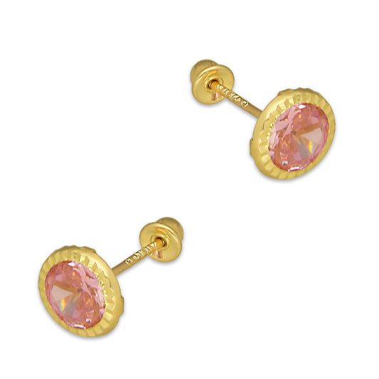 MR14AB014 Arete Broquel Oro Sólido 14K Modelo Zirconia Rosa Redonda con Bisel Diamantado 6 mm de Diámetro