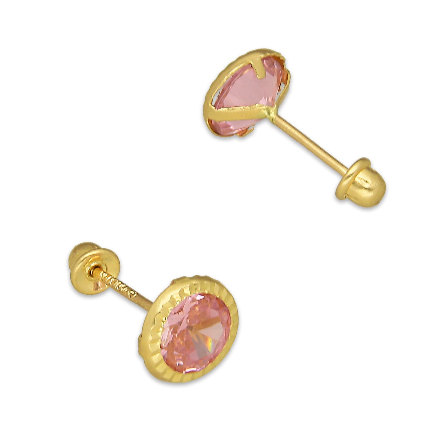MR14AB014 Arete Broquel Oro Sólido 14K Modelo Zirconia Rosa Redonda con Bisel Diamantado 6 mm de Diámetro