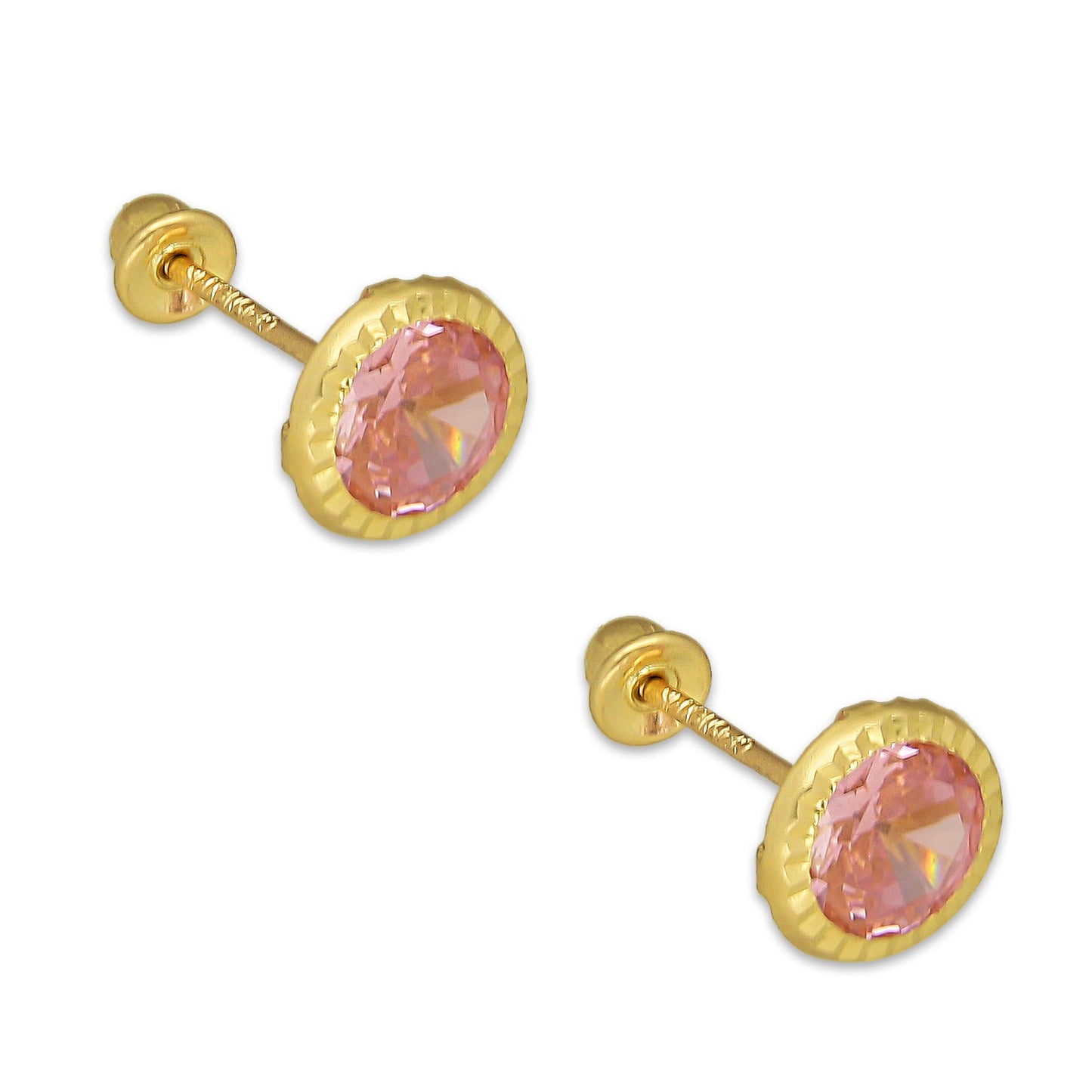 MR14AB014 Arete Broquel Oro Sólido 14K Modelo Zirconia Rosa Redonda con Bisel Diamantado 6 mm de Diámetro