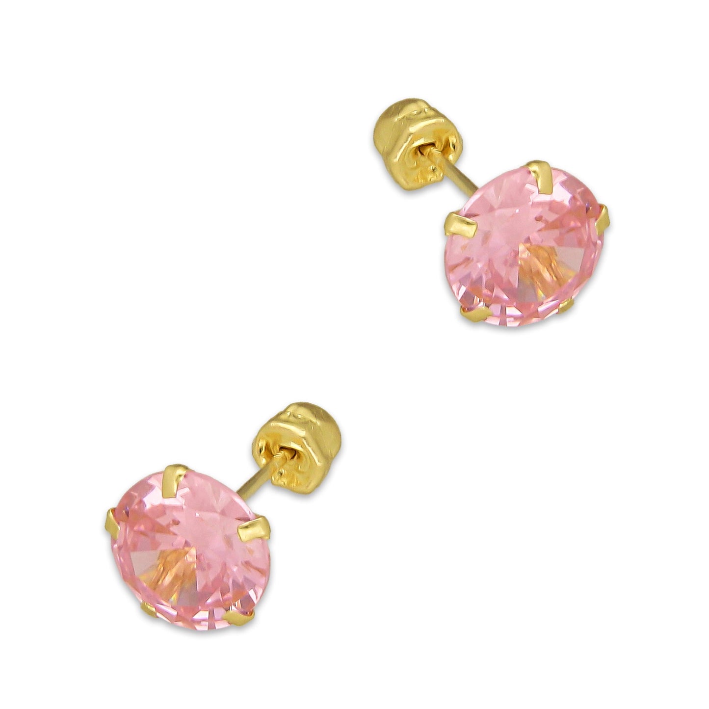 MR14AB015 Arete Broquel Oro Sólido 14K Modelo Zirconia Rosa Redonda sin Bisel 6 mm de Diámetro