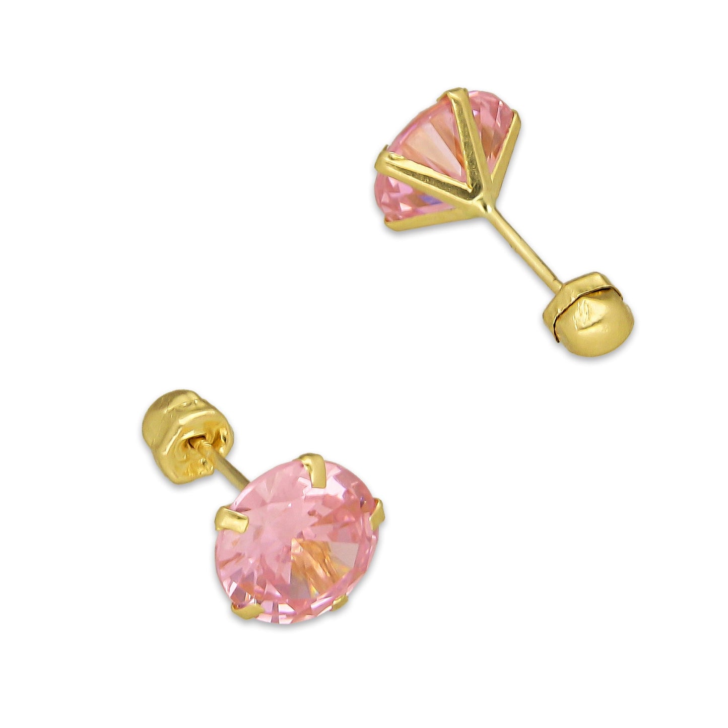 MR14AB015 Arete Broquel Oro Sólido 14K Modelo Zirconia Rosa Redonda sin Bisel 6 mm de Diámetro