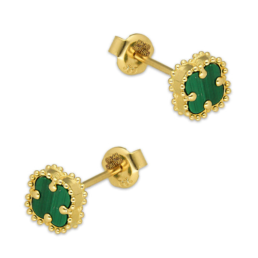MR14AB016 Arete Broquel Oro Sólido 14K Modelo Trébol 8 mm Verde Diámetro 1.3 cm