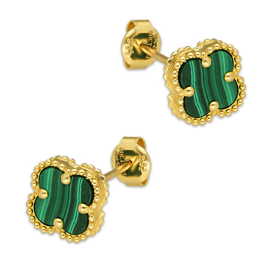 MR14AB017 Arete Broquel Oro Sólido 14K Modelo Trébol 1 cm Verde Diámetro 1.4 cm