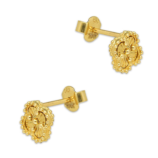 MR14AB018 Arete Broquel Oro Sólido 14K Modelo Trébol 8 mm Dorado Diámetro 1.3 cm