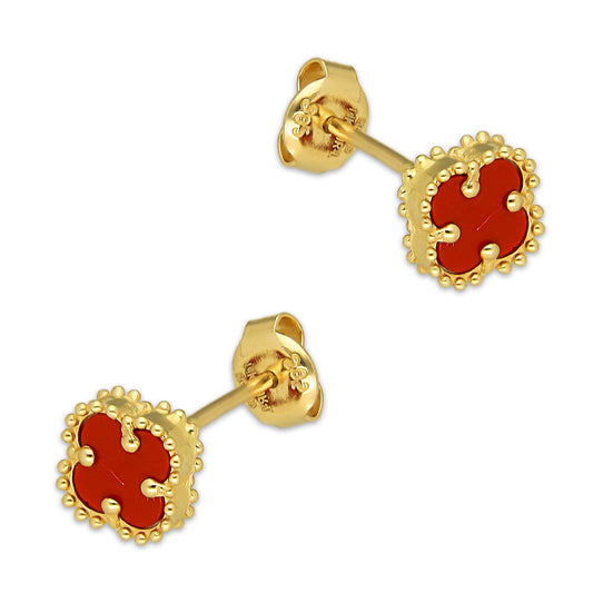 MR14AB020 Arete Broquel Oro Sólido 14K Modelo Trébol 8 mm Rojo Diámetro 1.3 cm