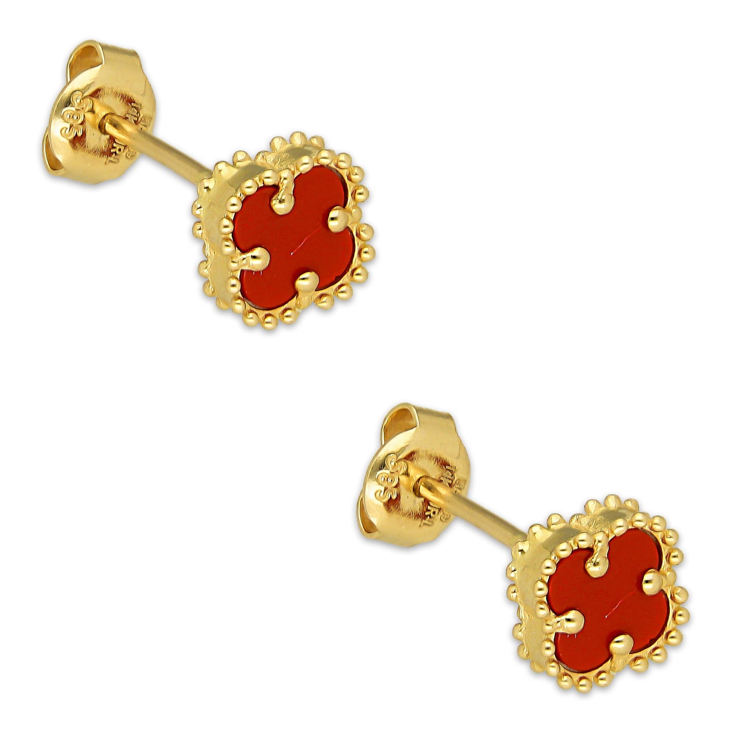 MR14AB020 Arete Broquel Oro Sólido 14K Modelo Trébol 8 mm Rojo Diámetro 1.3 cm