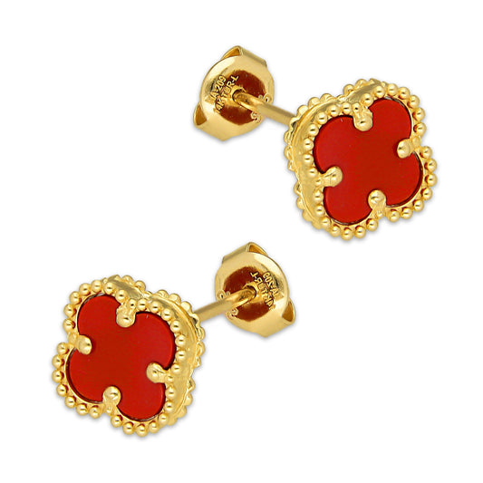 MR14AB021 Arete Broquel Oro Sólido 14K Modelo Trébol 1 cm Rojo Diámetro 1.4 cm