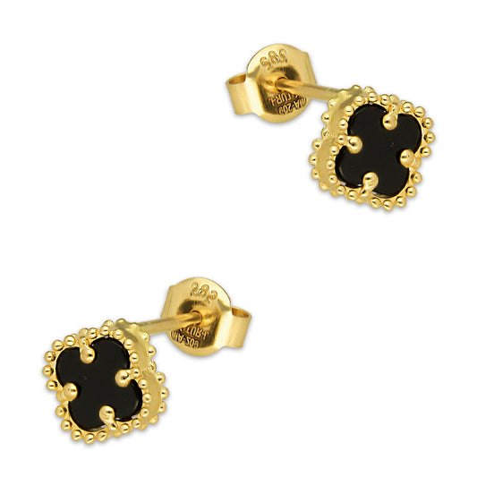 MR14AB023 Arete Broquel Oro Sólido 14K Modelo Trébol 8 mm Negro Diámetro 1.3 cm