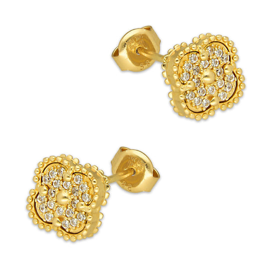 MR14AB024 Arete Broquel Oro Sólido 14K EMF14 Modelo Trébol 8 mm Dorado con Zirconias Diámetro 1.3 cm