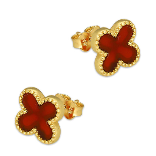 MR14AB025 Arete Broquel Oro Sólido 14K EMF14 Modelo Trébol 1.1 cm Rojo Diámetro 1.3 cm