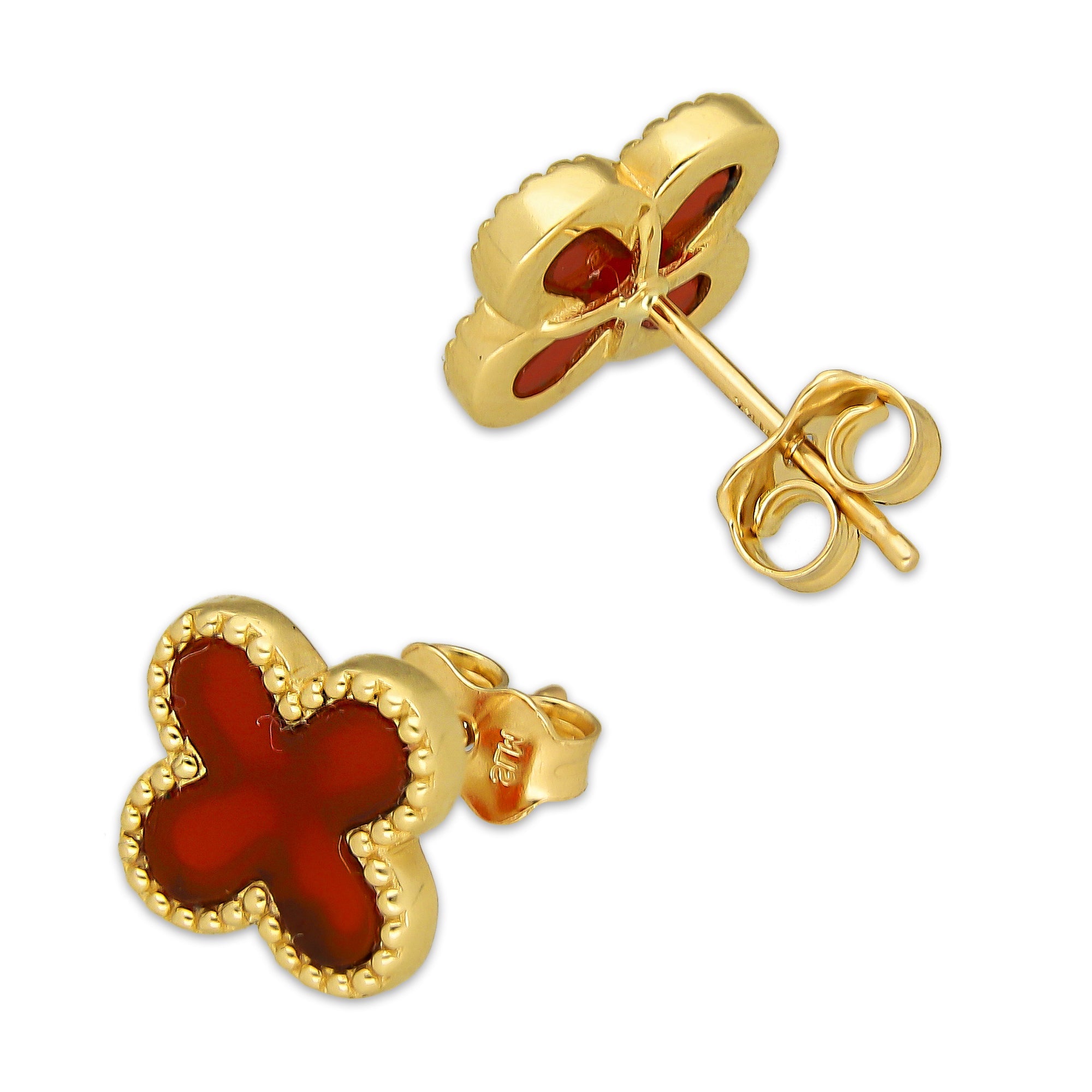 MR14AB025 Arete Broquel Oro Sólido 14K EMF14 Modelo Trébol 1.1 cm Rojo Diámetro 1.3 cm