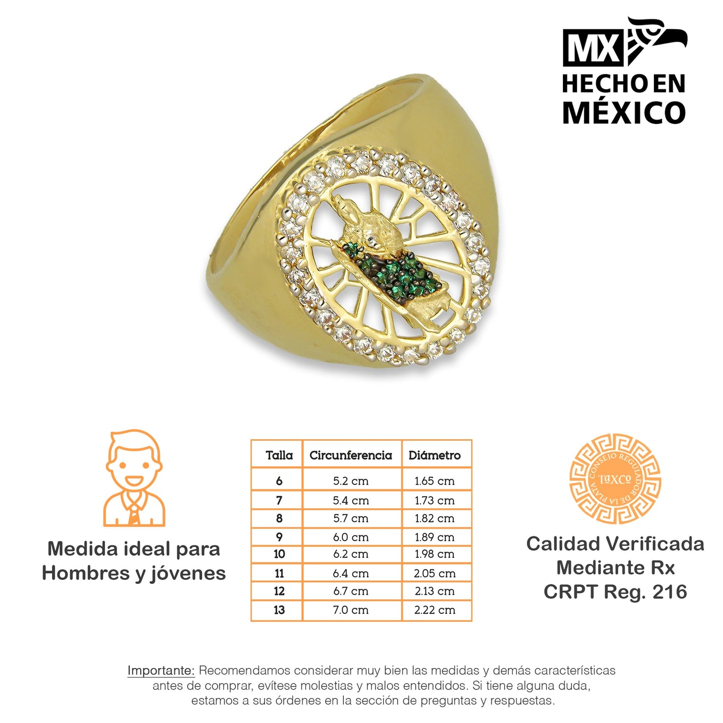 MR14AC002 Anillo Para Caballero Oro Sólido 14K Modelo Óvalo San Judas Manto Verde con Zirconias