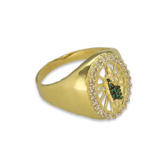 MR14AC002 Anillo Para Caballero Oro Sólido 14K Modelo Óvalo San Judas Manto Verde con Zirconias