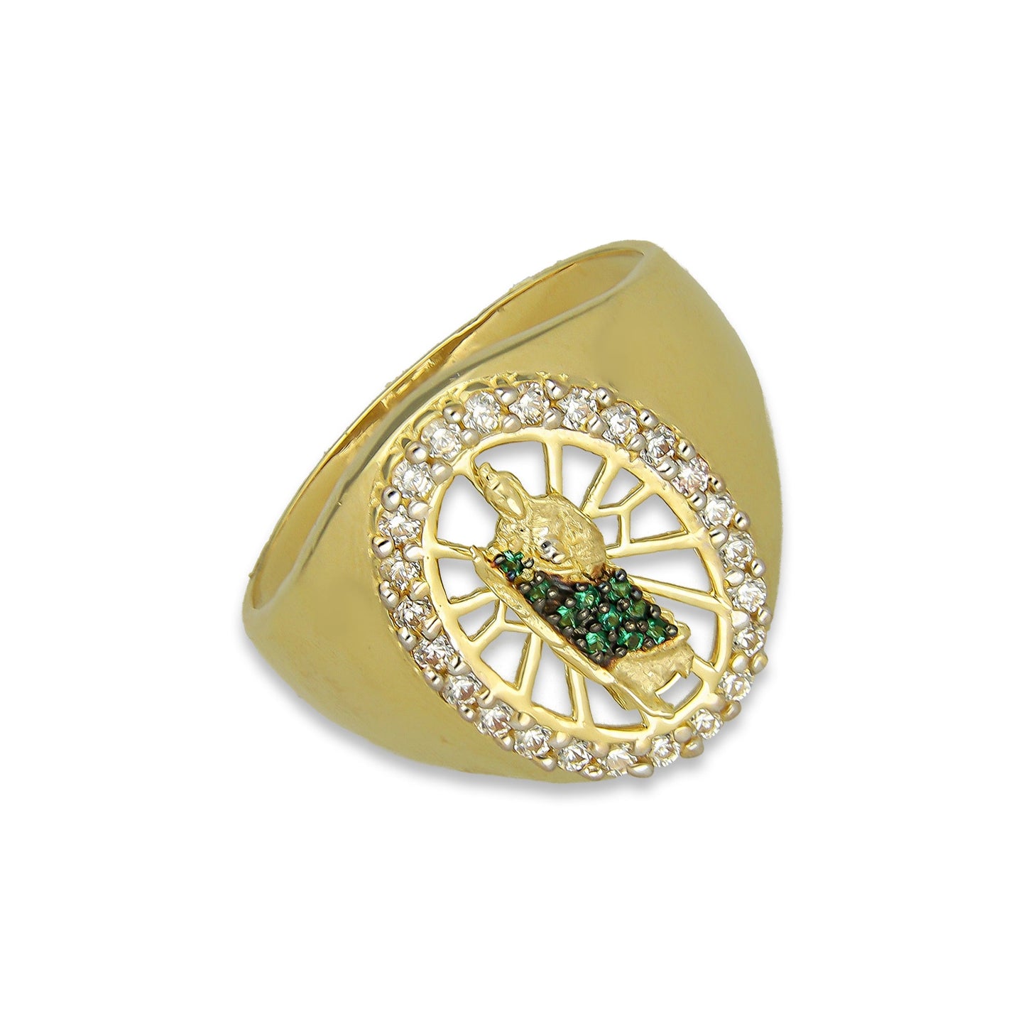 MR14AC002 Anillo Para Caballero Oro Sólido 14K Modelo Óvalo San Judas Manto Verde con Zirconias