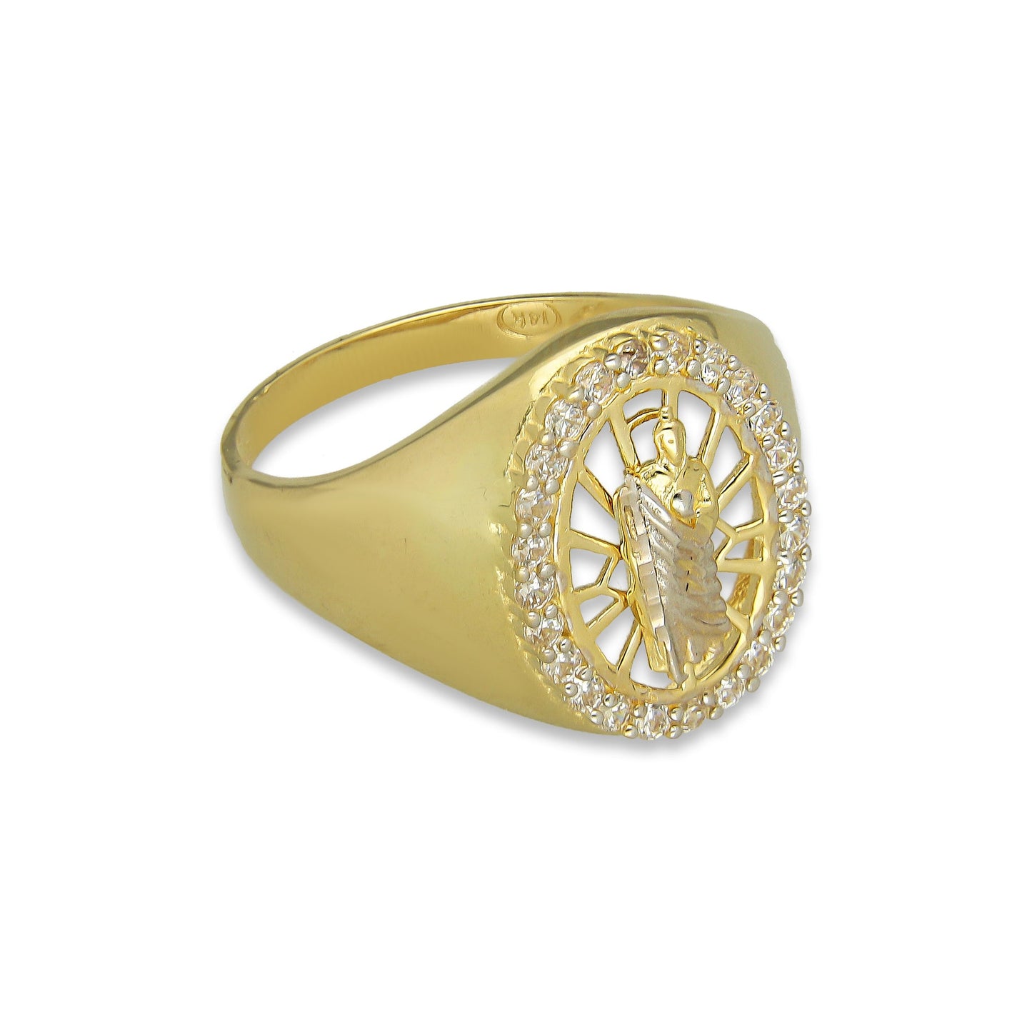 MR14AC003 Anillo Para Caballero Oro Sólido 14K Modelo Óvalo San Judas Manto Diamantado con Zirconias