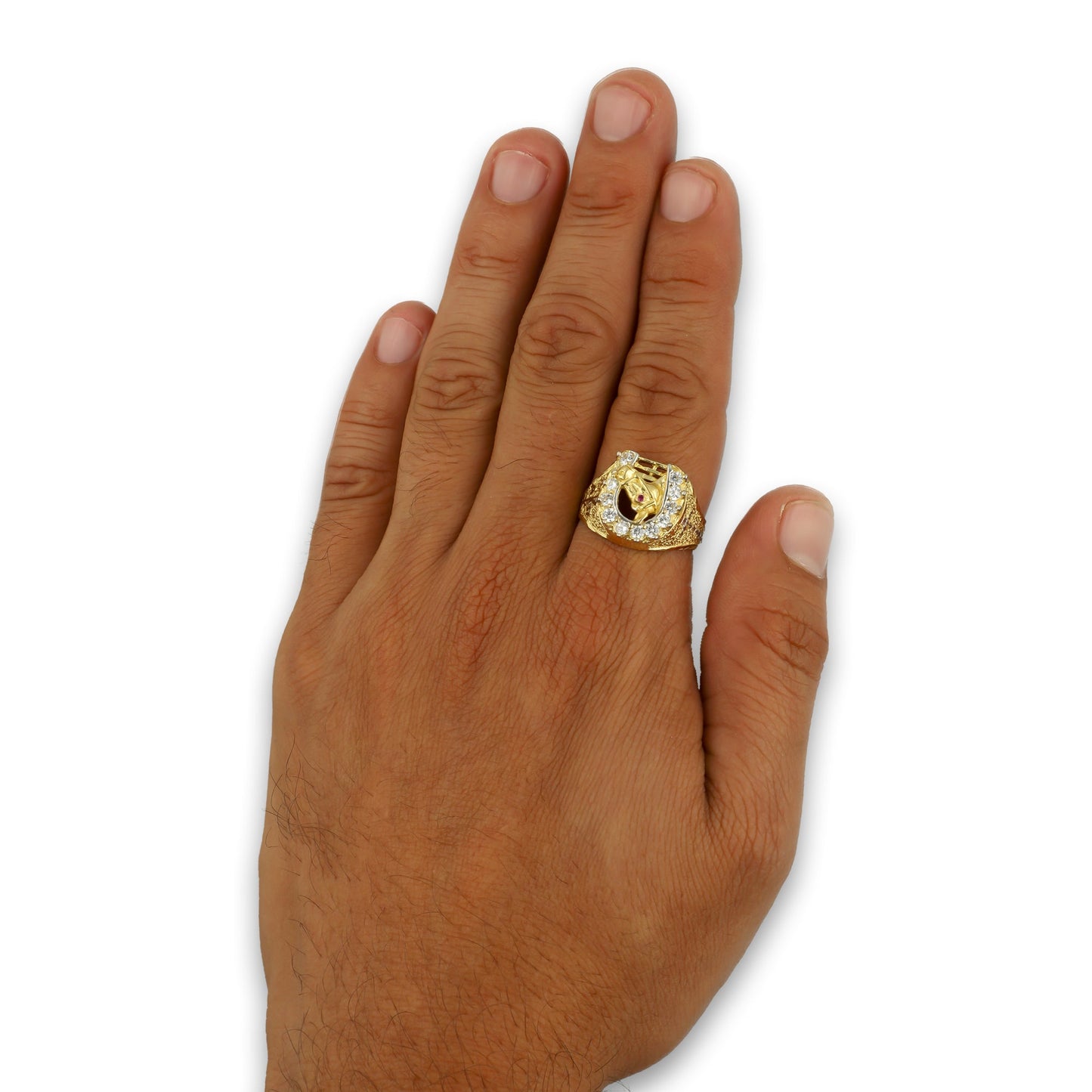 MR14AC006 Anillo Para Caballero Oro Sólido 14K Modelo Herradura Caballo con Zirconias