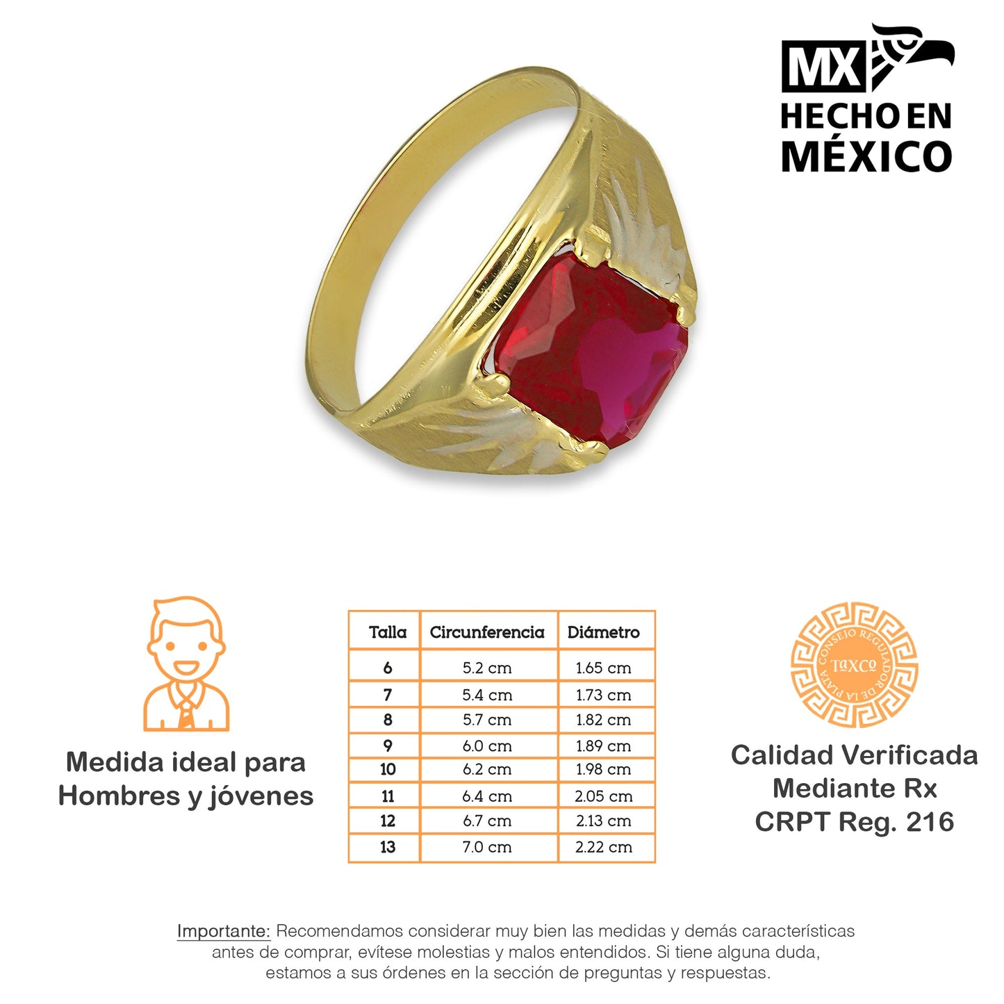 MR14AC009 Anillo Para Caballero Oro Sólido 14K Modelo Zirconia Rectangular Roja Resplandor Lateral