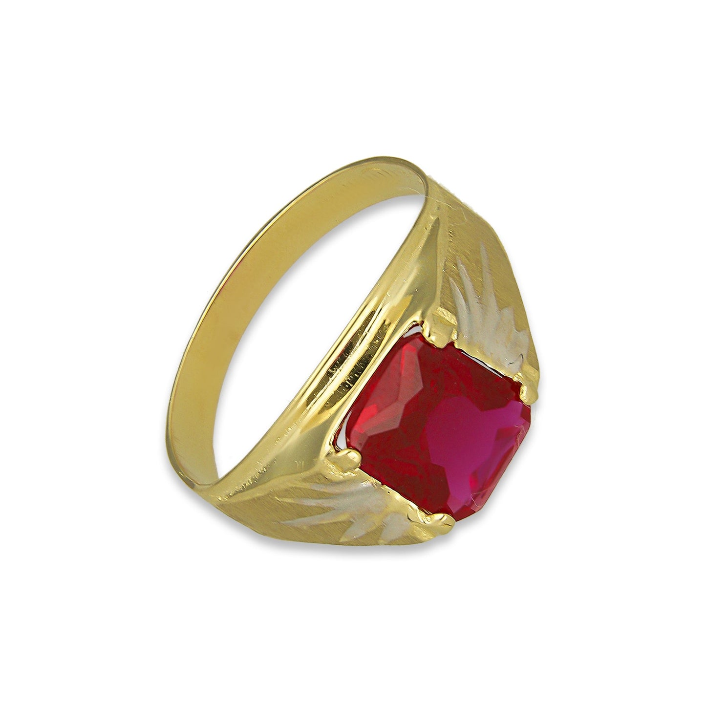 MR14AC009 Anillo Para Caballero Oro Sólido 14K Modelo Zirconia Rectangular Roja Resplandor Lateral