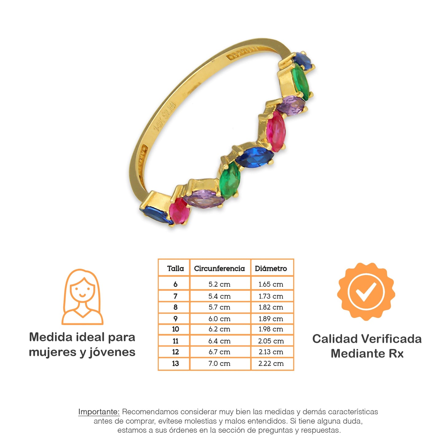 MR14AD020 Anillo Dama Oro Sólido 14K Churumbela Modelo Semillas Multicolor Zig Zag
