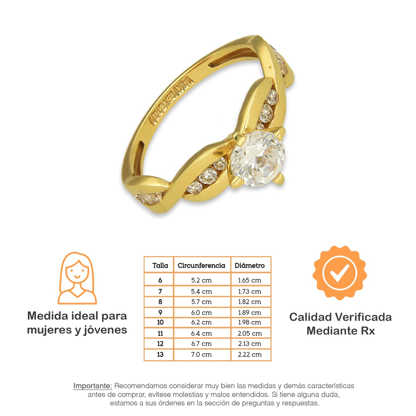 MR14AD021 Anillo Dama Solitario Oro Sólido 14K Modelo Trenzado con Zirconias 6 mm Zirconia Principal
