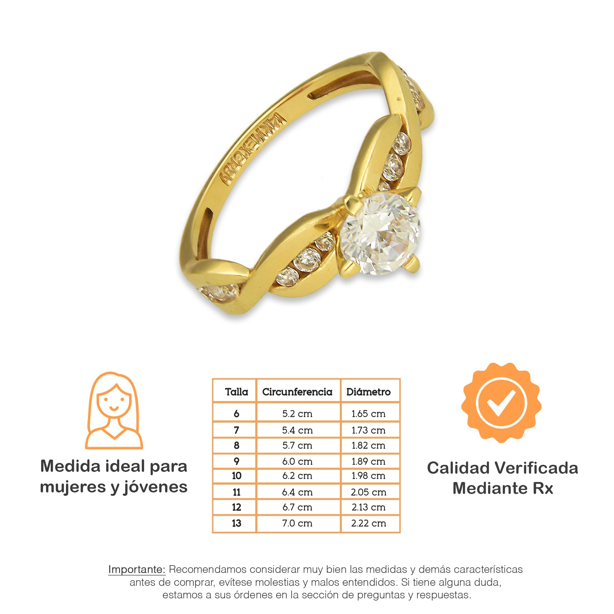 MR14AD021 Anillo Dama Solitario Oro Sólido 14K Modelo Trenzado con Zirconias 6 mm Zirconia Principal