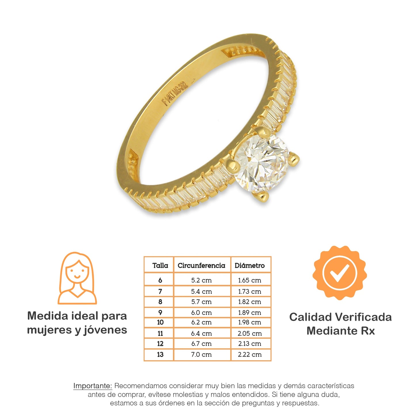 MR14AD022 Anillo Dama Solitario Oro Sólido 14K Modelo Zirconia Baguettes 6 mm Zirconia Principal