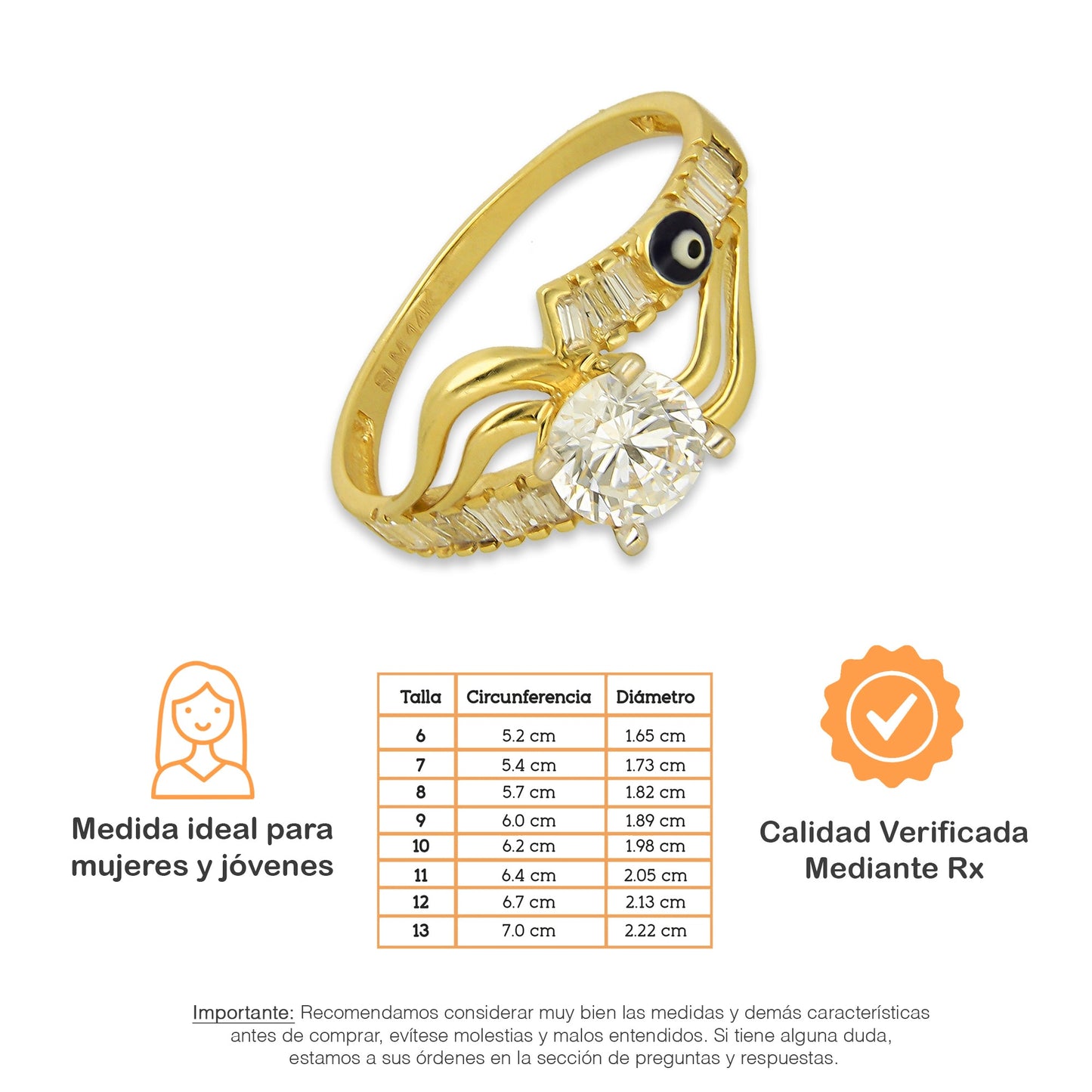 MR14AD027 Anillo Dama Solitario Oro Sólido 14K Modelo Con Baguettes y Ojito Turco 6 mm Zirconia Principal