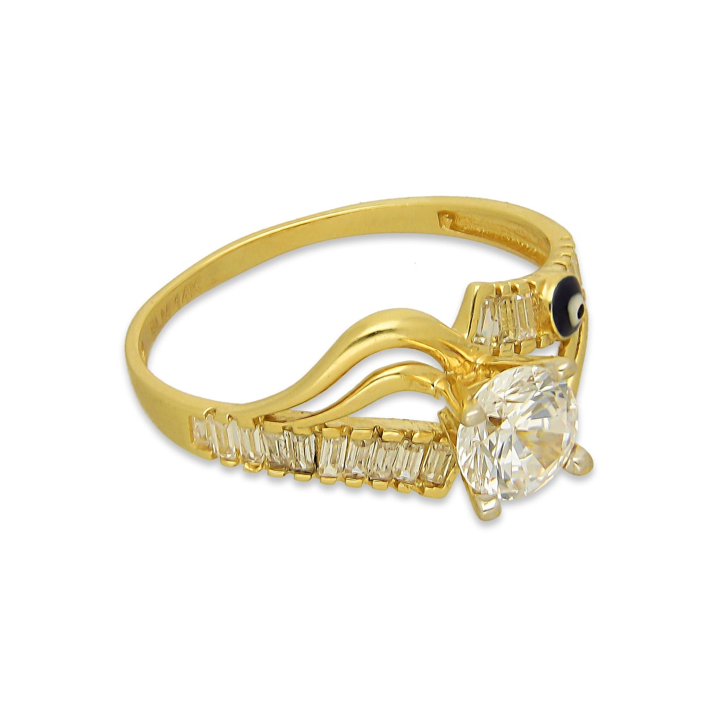 MR14AD027 Anillo Dama Solitario Oro Sólido 14K Modelo Con Baguettes y Ojito Turco 6 mm Zirconia Principal