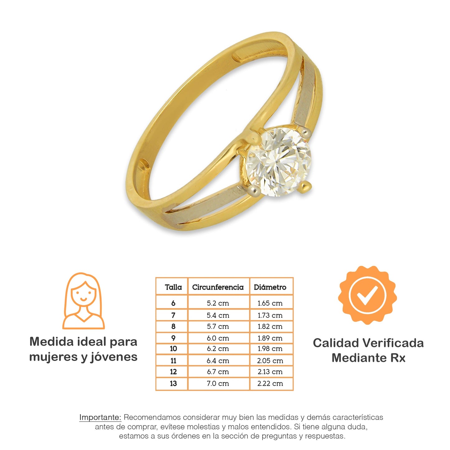 MR14AD028 Anillo Dama Solitario Oro Sólido 14K Modelo 3 Lineas Lisas Florentino 6 mm Zirconia Principal