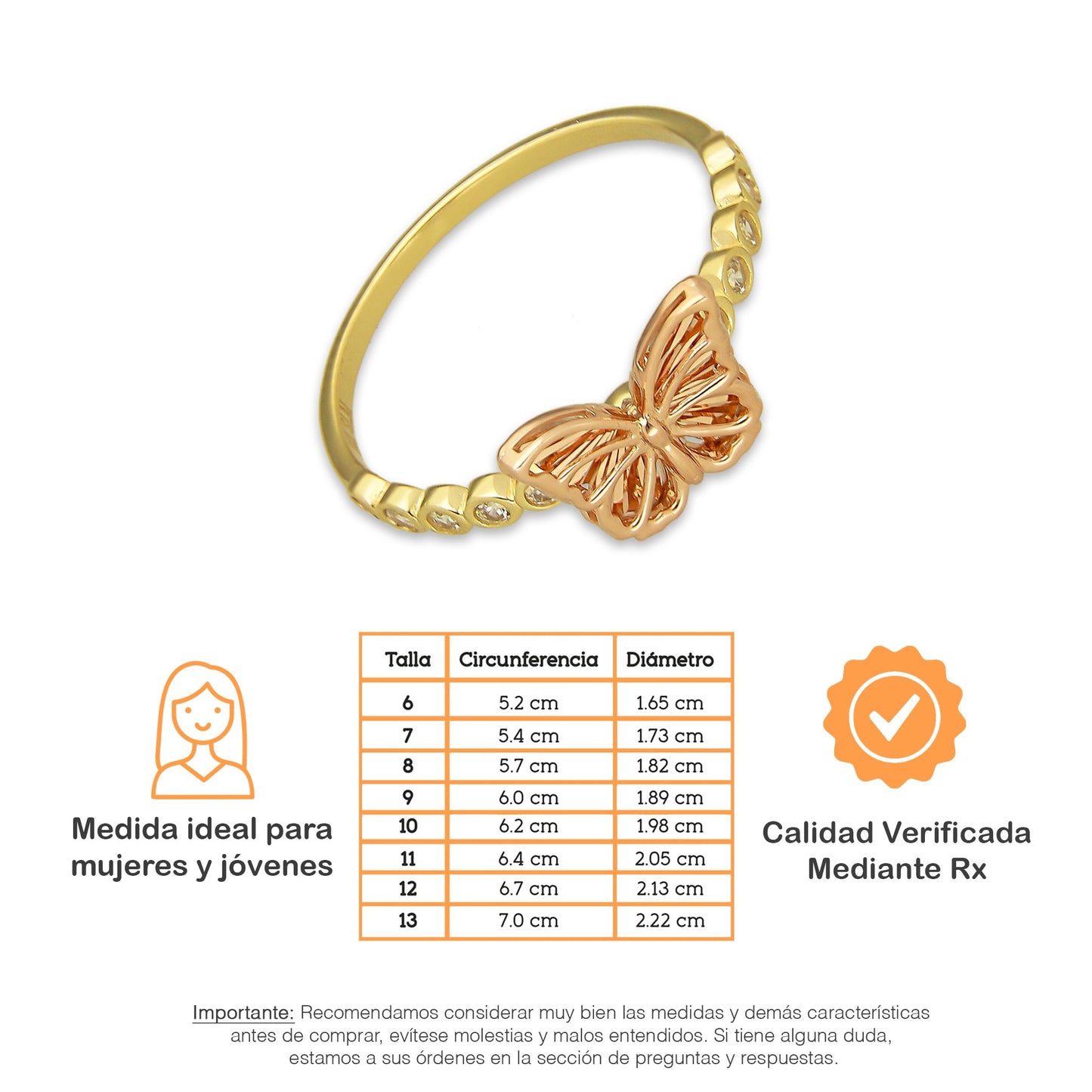 MR14AD031 Anillo Dama Oro Sólido 14K Modelo Mariposa Rosa Struct 6 Zirconias Laterales