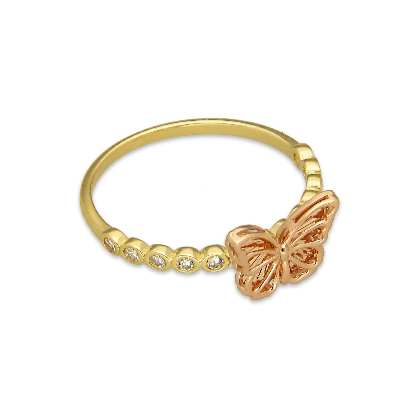 MR14AD031 Anillo Dama Oro Sólido 14K Modelo Mariposa Rosa Struct 6 Zirconias Laterales