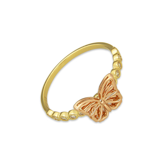 MR14AD031 Anillo Dama Oro Sólido 14K Modelo Mariposa Rosa Struct 6 Zirconias Laterales