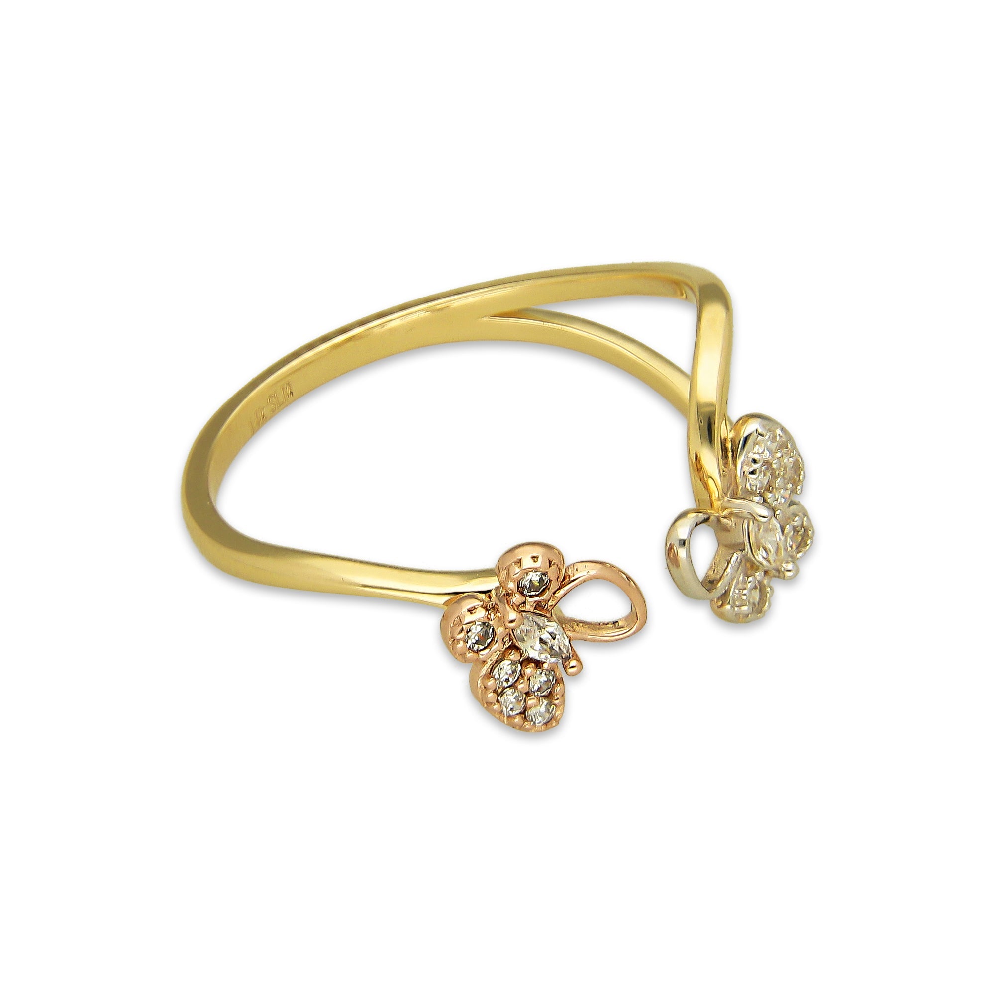 MR14AD033 Anillo Dama Oro Sólido 14K Modelo Onda 2 Mariposas Rosa y Blanca con Zirconias
