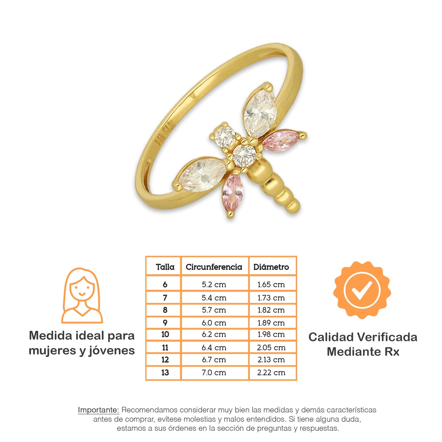 MR14AD034 Anillo Dama Oro Sólido 14K Modelo Libelula con Zirconias